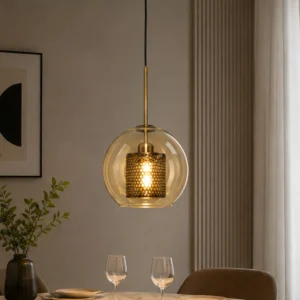 ANTIQUE BRASS AMBER GLASS GLOBE PENDANT LIGHT