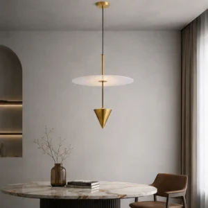 ANTIQUE BRASS DISC AND CONE PENDANT LIGHT