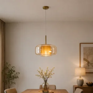 ANTIQUE BRASS GLASS & FABRIC SHADE PENDANT LIGHT