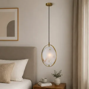 ANTIQUE BRASS ONYX MARBLE OVAL PENDANT LIGHT