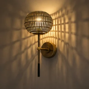 ANTIQUE BRASS & RUSTIC WHITE GOLD CAGED GLOBE WALL LIGHT