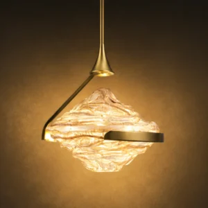 ANTIQUE BRASS SCULPTURAL GLASS PENDANT LIGHT