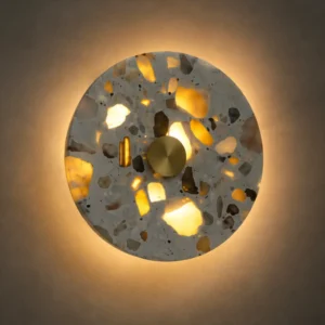 ANTIQUE BRASS TERRAZZO & ONYX MARBLE ROUND LED WALL LIGHT