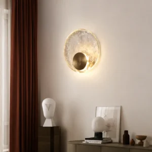 ANTIQUE BRASS TEXTURED GLASS ROUND LED WALL LIGHT