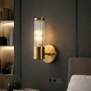 ANTIQUE BRASS VERTICAL GLASS ROD WALL LIGHT