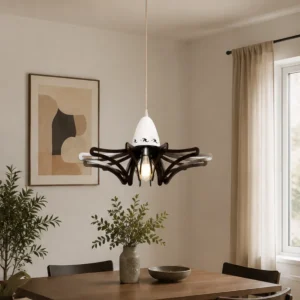 BROWN & WHITE SCULPTURAL WOOD PENDANT LIGHT