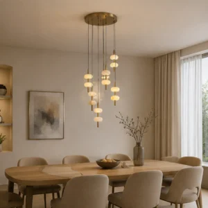 MODERN ANTIQUE BRASS ONYX MARBLE MULTI PENDANT CHANDELIER